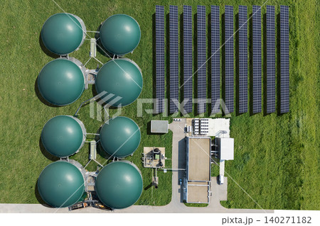 Aerial view of biogas plant using renewable energy for biomethane production. 140271182