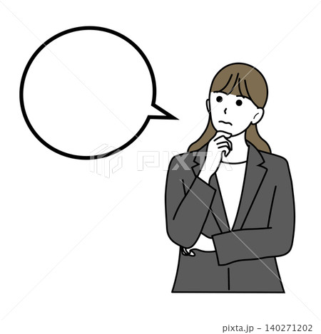 吹き出しつきで考え込むスーツ姿の女性イラスト 吹き出しつきで考え込むスーツ姿の女性イラスト 140271202