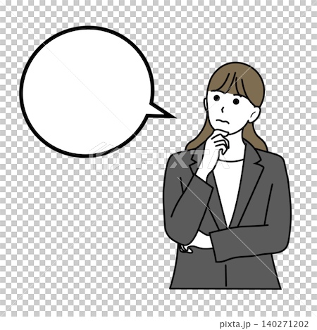 吹き出しつきで考え込むスーツ姿の女性イラスト 吹き出しつきで考え込むスーツ姿の女性イラスト 140271202