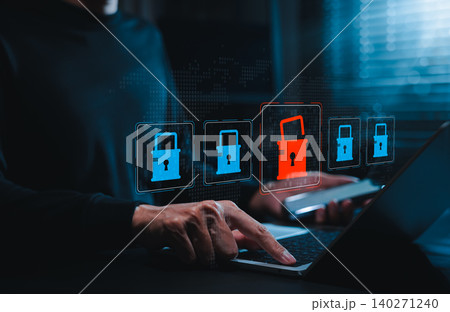 Cybersecurity Breach Alert Concept. Red open lock, unlocked password risk, secure access failure, cyber attack, data protection warning, account vulnerability, digital threat detection, system hacked 140271240