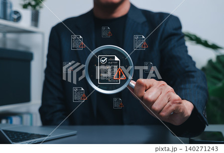 Document risk review and compliance audit warning concept. Businessman using magnifying glass to inspect files with alert icons. document validation, policy control, error detection, quality assurance Document risk review and compliance audit warning concept. Businessman using magnifying glass to inspect files with alert icons. document validation, policy control, error detection, quality assurance 140271243