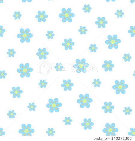 Blue whimsical flowers in random order seamless pattern, simple repeat floral ornament, hand drawn vector illustration for textile, fabric, gift paper, fashion print, Easter, spring holidays decor Blue whimsical flowers in random order seamless pattern, simple repeat floral ornament, hand drawn vector illustration for textile, fabric, gift paper, fashion print, Easter, spring holidays decor 140271306