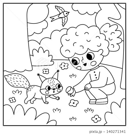 Square black and white cartoon forest explorer background with cute kid. Nature line woodland landscape with girl feeding squirrel with nut or chestnut. Wildlife scene, coloring page 140271341