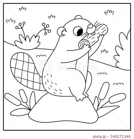 Square black and white scene with beaver nibbling tree log, stream, reads. Forest line background with cute cartoon animal. Nature woodland story book landscape, coloring page for kids Square black and white scene with beaver nibbling tree log, stream, reads. Forest line background with cute cartoon animal. Nature woodland story book landscape, coloring page for kids 140271348
