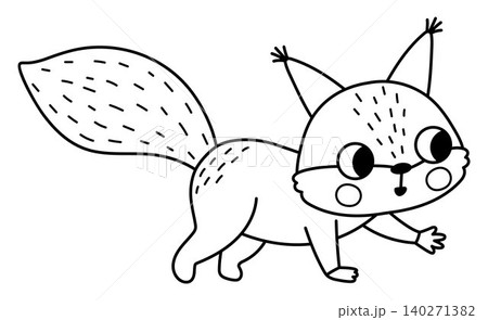 Vector black and white cartoon squirrel isolated on white background. Funny line clipart. Cute forest animal icon for kids. Outline woodland element. Woods wildlife illustration, coloring page 140271382