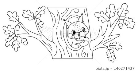 Vector black and white cartoon squirrel sitting with nut in acorn tree hollow clipart. Cute line forest animal icon for kids. Outline woodland element. Woods wildlife illustration, coloring page Vector black and white cartoon squirrel sitting with nut in acorn tree hollow clipart. Cute line forest animal icon for kids. Outline woodland element. Woods wildlife illustration, coloring page 140271437