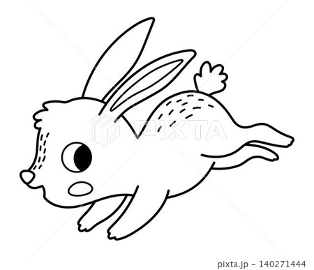 Vector black and white cartoon hopping rabbit. Funny line jumping hare or bunny clipart. Cute forest animal icon for kids. Outline woodland element. Woods wildlife illustration, coloring page Vector black and white cartoon hopping rabbit. Funny line jumping hare or bunny clipart. Cute forest animal icon for kids. Outline woodland element. Woods wildlife illustration, coloring page 140271444