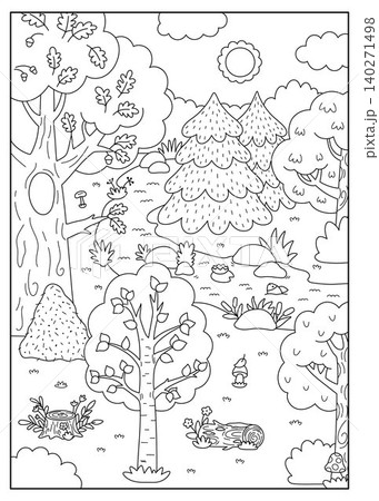 Vertical black and white cartoon forest background. Empty line nature woodland landscape with trees, plants, stream, bushes, acorn, birch, fir tree. Wild thicket scene, coloring page with anthill Vertical black and white cartoon forest background. Empty line nature woodland landscape with trees, plants, stream, bushes, acorn, birch, fir tree. Wild thicket scene, coloring page with anthill 140271498