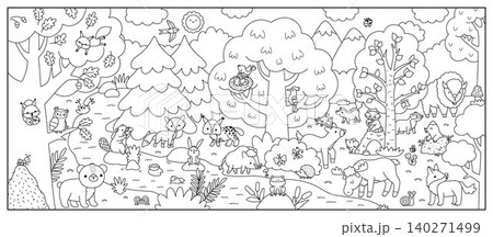 Horizontal black and white cartoon forest animals border background. Nature line woodland landscape with trees, plants, birds, insects, bear, fox, elk, bison. Wildlife panorama scene, coloring page 140271499
