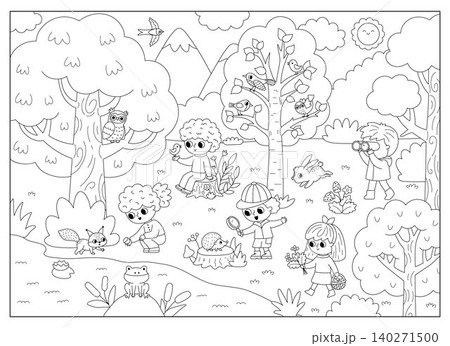 Horizontal black and white cartoon forest background with kids exploring woods. Nature line woodland landscape, coloring page with trees, plants, birds, animals. Wildlife scene with children Horizontal black and white cartoon forest background with kids exploring woods. Nature line woodland landscape, coloring page with trees, plants, birds, animals. Wildlife scene with children 140271500