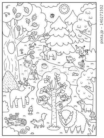Vertical black and white cartoon forest animals background. Nature line woodland landscape with trees, plants, birds, insects, lynx, wolf, deer, bison. Wildlife panorama scene, coloring page with 140271502