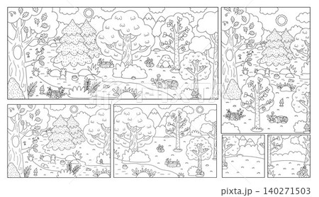 Cartoon black and white forest backgrounds set. Empty line nature woodland landscapes collection with trees, plants, stream, log, bushes. Wild thicket horizontal, vertical, square scenes, coloring Cartoon black and white forest backgrounds set. Empty line nature woodland landscapes collection with trees, plants, stream, log, bushes. Wild thicket horizontal, vertical, square scenes, coloring 140271503