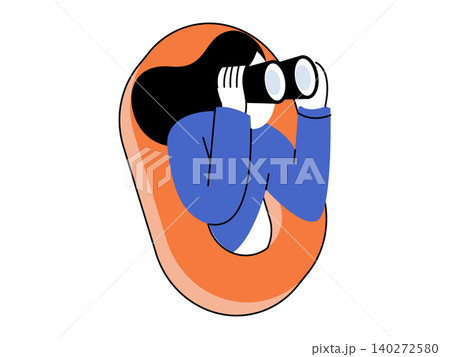 Woman looking through binoculars vector illustration. Business vision, market research, recruitment, future planning, scouting, strategic analysis. Female character using field glasses Woman looking through binoculars vector illustration. Business vision, market research, recruitment, future planning, scouting, strategic analysis. Female character using field glasses 140272580
