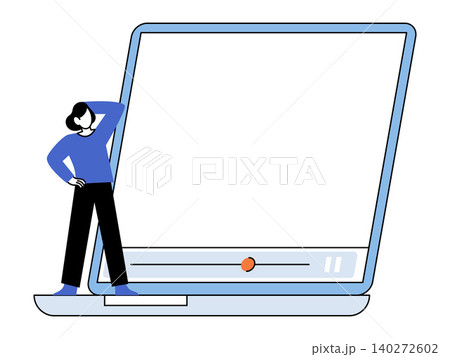 Woman standing by a laptop screen with video player vector illustration. Online education, video marketing, webinar, digital content, e-learning, remote study. Female character beside computer Woman standing by a laptop screen with video player vector illustration. Online education, video marketing, webinar, digital content, e-learning, remote study. Female character beside computer 140272602