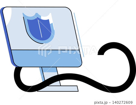 Computer monitor with a shield icon vector illustration. Cybersecurity, data protection, antivirus software, network safety, digital privacy, information security. Desktop screen with a guard emblem 140272609
