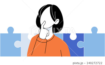Pensive woman thinking with jigsaw puzzle pieces vector illustration. Problem solving, mental health, logic, strategy, decision making, psychology. Thinking female with game parts 140272722