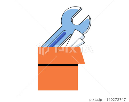 Blue wrench and documents in an orange box vector illustration. Technical support, equipment maintenance, repair, toolkit setup, manual instructions, service. Spanner and papers in a container 140272747