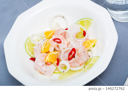 Shrimp ceviche with lime, mandarine and chili pepper Shrimp ceviche with lime, mandarine and chili pepper 140272762