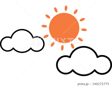 Orange sun and white clouds vector illustration. Weather forecast, summer season, climate change, meteorology, outdoor activities, nature environment. Solar star and fluffy cumulus shapes Orange sun and white clouds vector illustration. Weather forecast, summer season, climate change, meteorology, outdoor activities, nature environment. Solar star and fluffy cumulus shapes 140272775