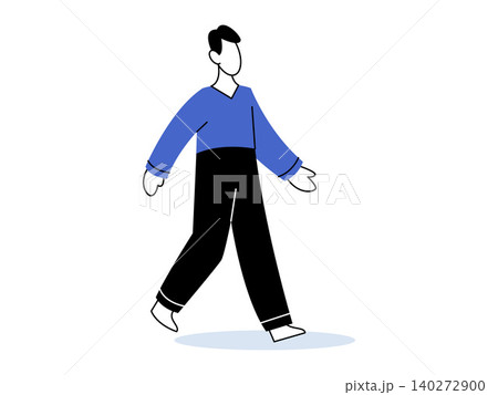 A man walking forward in casual clothes vector illustration. Lifestyle, daily routine, urban movement, active person, pedestrian, commuting. Male character stepping ahead in blue top and dark pants A man walking forward in casual clothes vector illustration. Lifestyle, daily routine, urban movement, active person, pedestrian, commuting. Male character stepping ahead in blue top and dark pants 140272900