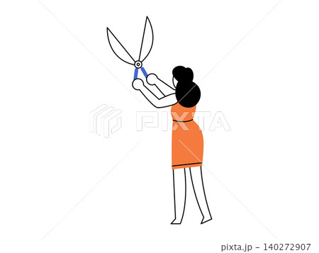 Woman in orange dress holding large scissors vector illustration. Budget cuts, gardening, tailoring, ending ties, editing, creative work. Female character gripping big shears Woman in orange dress holding large scissors vector illustration. Budget cuts, gardening, tailoring, ending ties, editing, creative work. Female character gripping big shears 140272907