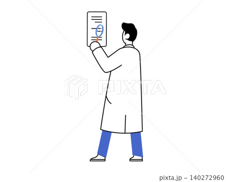 Scientist examining a document with a magnifying glass vector illustration. Medical research, clinical analysis, data inspection, lab work, diagnosis, study. Researcher inspecting a clipboard Scientist examining a document with a magnifying glass vector illustration. Medical research, clinical analysis, data inspection, lab work, diagnosis, study. Researcher inspecting a clipboard 140272960