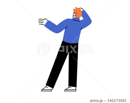 Man with orange hair scratching his head and looking away vector illustration. Problem solving, confusion, decision making, searching, doubt, uncertainty. Male character gesturing in thought Man with orange hair scratching his head and looking away vector illustration. Problem solving, confusion, decision making, searching, doubt, uncertainty. Male character gesturing in thought 140273081
