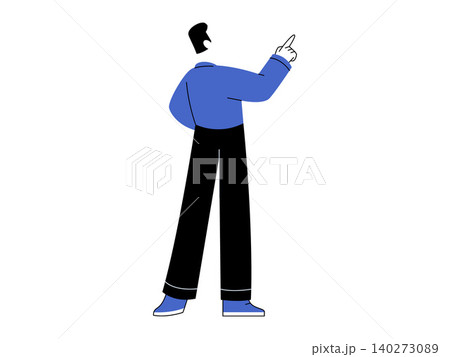 Man in blue shirt pointing forward vector illustration. Leadership, business goals, future vision, career growth, guidance, presentation. Male character gesturing towards the horizon 140273089