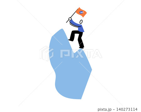 Person reaching a mountain peak and planting a flag vector illustration. Business success, goal achievement, project completion, career growth, leadership, milestone. Character climbing to the top Person reaching a mountain peak and planting a flag vector illustration. Business success, goal achievement, project completion, career growth, leadership, milestone. Character climbing to the top 140273114