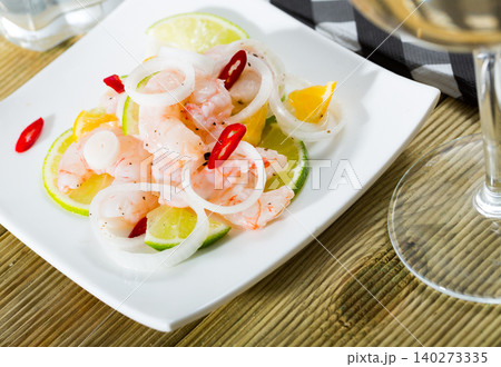 Ceviche with shrimps, lime, orange Ceviche with shrimps, lime, orange 140273335
