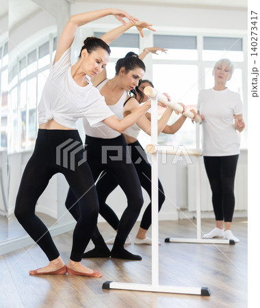 Teacher conducts class with girls in ballet studio, observes doing demi plie exercise Teacher conducts class with girls in ballet studio, observes doing demi plie exercise 140273417