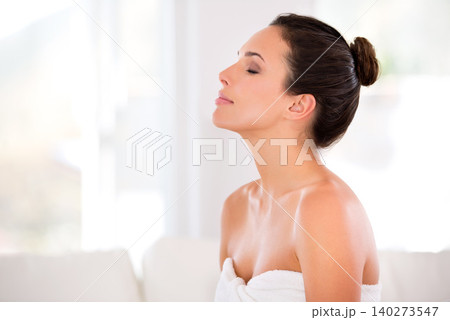 Skincare, relax and calm woman with beauty in home with shine, smile and luxury skin treatment. Dermatology, healthy or profile of person in apartment with natural makeup cosmetics, wellness or glow Skincare, relax and calm woman with beauty in home with shine, smile and luxury skin treatment. Dermatology, healthy or profile of person in apartment with natural makeup cosmetics, wellness or glow 140273547