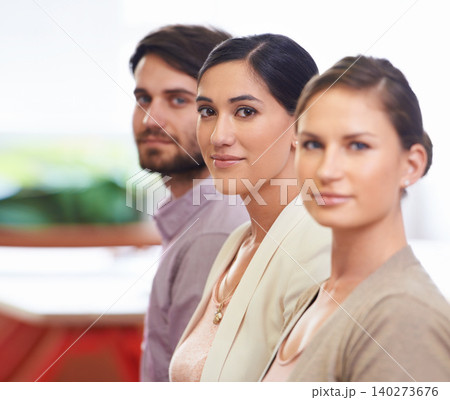 Portrait, workshop and serious young business people in office boardroom together for meeting. Audience, seminar or training with confident employee group in workplace for learning and development 140273676