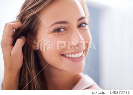 Beauty, happy and portrait of woman in bathroom with cosmetic, health and wellness face treatment. Skincare, confident and female person with natural facial dermatology routine for glow at apartment. 140273758