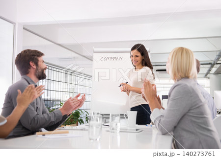 Businesswoman, presentation and boardroom meeting with applause for company vision, development or coaching. Female person, colleagues and clapping for employee collaboration, achievement or goals Businesswoman, presentation and boardroom meeting with applause for company vision, development or coaching. Female person, colleagues and clapping for employee collaboration, achievement or goals 140273761