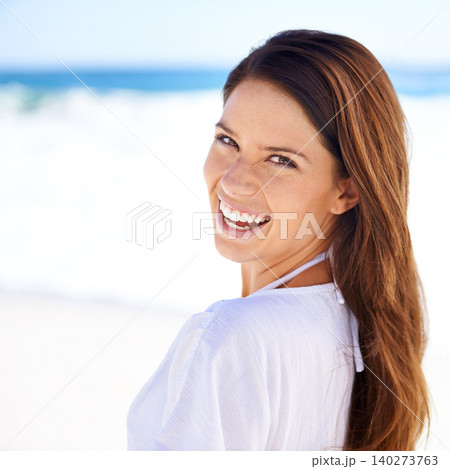Beach, smile and portrait of woman on holiday with waves, happy adventure and blue sky sunshine in Greece. Summer, relax and face of girl at ocean with wellness, travel and outdoor vacation in nature Beach, smile and portrait of woman on holiday with waves, happy adventure and blue sky sunshine in Greece. Summer, relax and face of girl at ocean with wellness, travel and outdoor vacation in nature 140273763