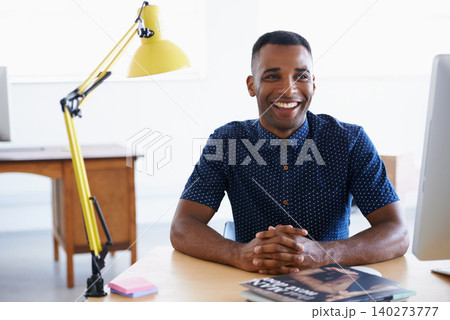 Thinking, business and black man with smile, professional or entrepreneur with startup or PR consultant. African person, employee or consultant with magazine editor or publisher with creative project 140273777