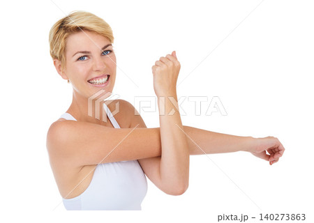 Woman, portrait and stretching for workout and exercise with health, wellness and warm up body on white background. Athlete start training, sport and ready for fitness in studio with muscle and smile Woman, portrait and stretching for workout and exercise with health, wellness and warm up body on white background. Athlete start training, sport and ready for fitness in studio with muscle and smile 140273863