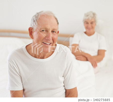 Elderly man, couple and portrait in bed, smile and relaxing together in retirement at home. Senior people, bedroom and comfort in marriage or relationship, love and bonding for romance on weekend Elderly man, couple and portrait in bed, smile and relaxing together in retirement at home. Senior people, bedroom and comfort in marriage or relationship, love and bonding for romance on weekend 140273885