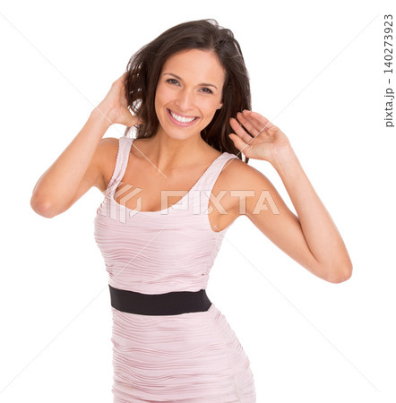 Studio, smile and woman with portrait, fashion and face for happiness or confidence. Cool model, proud and trendy for positive empowerment, style and positivity with pink dress on white background Studio, smile and woman with portrait, fashion and face for happiness or confidence. Cool model, proud and trendy for positive empowerment, style and positivity with pink dress on white background 140273923