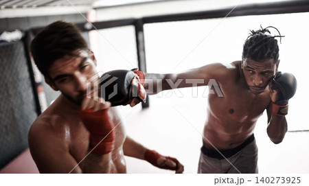 Punch, pain and men sparring for kickboxing competition, challenge and fitness with fight sports in gym. Boxing match, strong fighter and knockout with exercise, practice and power in battle together 140273925