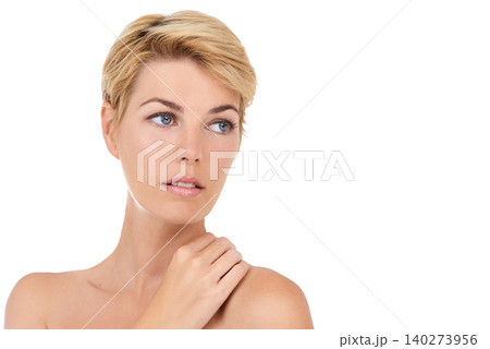 Mockup, skincare or woman in studio for soft, beauty or clean, treatment or aesthetic on white background. Dermatology, shine or face of female model with anti aging, results or cosmetic satisfaction 140273956