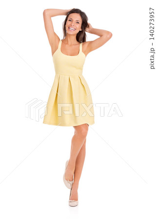 Woman, portrait and full body for fashion in studio, smiling and pride for stylish clothing. Female person, confidence and summer dress on white background, hair and satisfaction for trendy outfit Woman, portrait and full body for fashion in studio, smiling and pride for stylish clothing. Female person, confidence and summer dress on white background, hair and satisfaction for trendy outfit 140273957