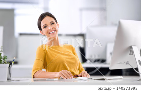 Portrait, employee and woman at a desk, computer and thinking with internet and brainstorming with decision. PR agency, smile and SEO specialist with a pc and ideas for a project, office and planning Portrait, employee and woman at a desk, computer and thinking with internet and brainstorming with decision. PR agency, smile and SEO specialist with a pc and ideas for a project, office and planning 140273995