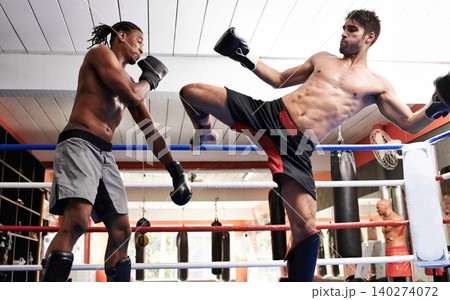 Kickboxing, fight and men training for fitness and sport in gym, coach and athlete with workout and action. Energy, challenge and MMA with athlete together in ring for boxing, exercise and endurance 140274072