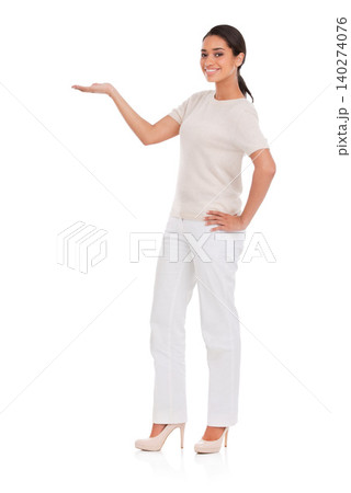 Woman, hand and presentation in studio for marketing, promotion and mockup space on a white background. Professional worker, person or model in portrait with palm for advertising, offer or choice Woman, hand and presentation in studio for marketing, promotion and mockup space on a white background. Professional worker, person or model in portrait with palm for advertising, offer or choice 140274076