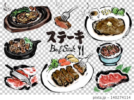 一組手繪的牛排和牛肉插圖。 一組手繪的牛排和牛肉插圖。 140274114