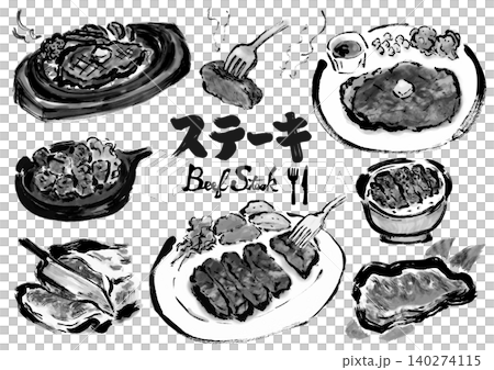 一組手繪的牛排和牛肉插圖。 一組手繪的牛排和牛肉插圖。 140274115