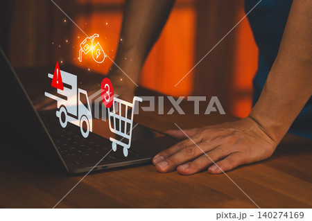 Customer is dissatisfied with the delayed delivery of their online orders. Digital icons show a full shopping cart, a delivery truck with issues, a fuel pump alert, and notifications on a laptop. Customer is dissatisfied with the delayed delivery of their online orders. Digital icons show a full shopping cart, a delivery truck with issues, a fuel pump alert, and notifications on a laptop. 140274169