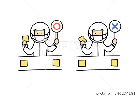 マルバツのプレートを持って検査を行う工場作業員のイラスト 140274181